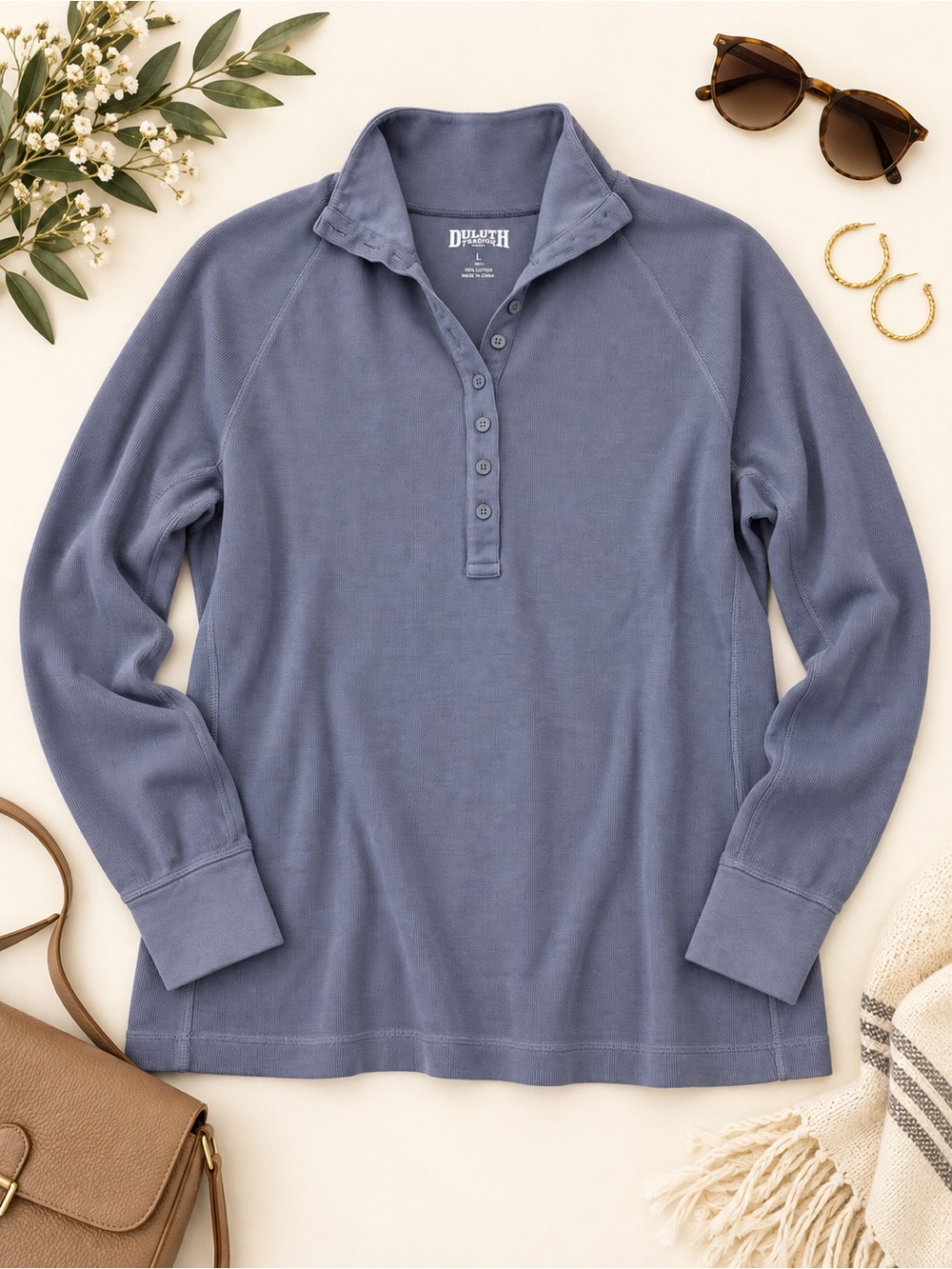 Duluth Trading Co Women’s Ribbed Henley Top Size L Blue Gray 100% Cotton